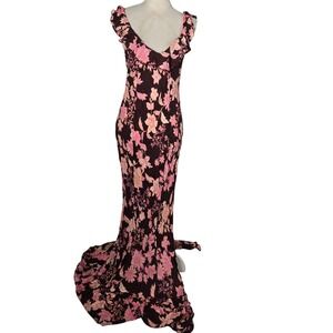 Free People L Remind Me Floral Maxi Dress Ruffle V Neck Tie Back Brown Pink Boho